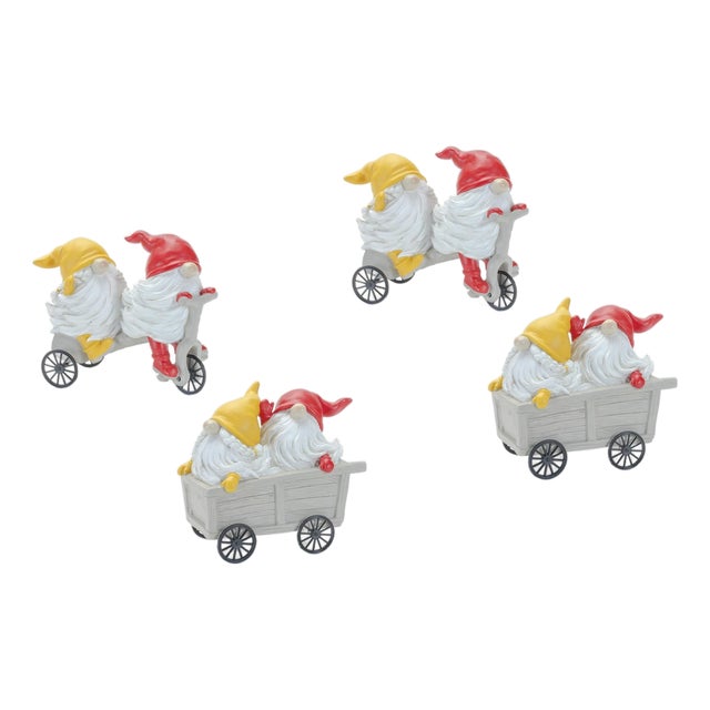 Whimsical Garden Gnome Figurine Riding a Scooter and Wheelbarrow (Set of 4) For Sale