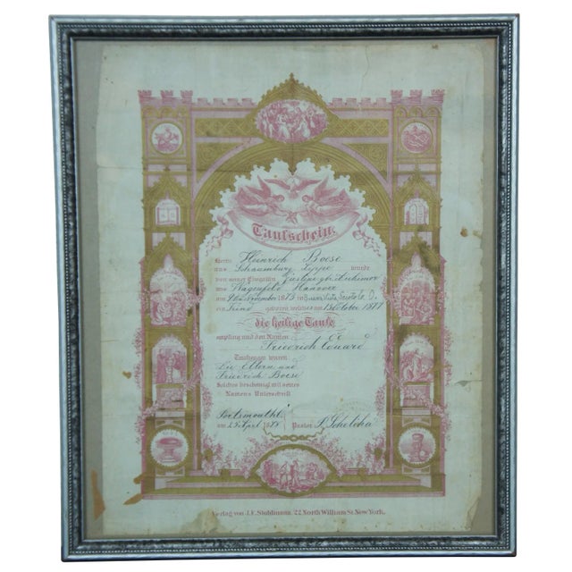 1873 Antique Framed German Taufschein Birth Baptismal Certificate Fraktur For Sale - Image 13 of 13