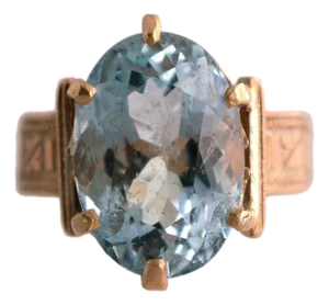 Early 20th Century Victorian 10k Yellow Gold 8ct Oval Aqua Ring, Size 7