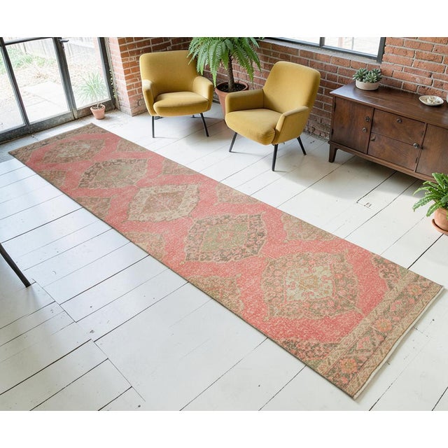 Mid-Century Modern Distressed Oushak Runner Rug Faded Colors Low Pile Pink Hallway Decor - 2'9″x 12'3″ For Sale - Image 3 of 13