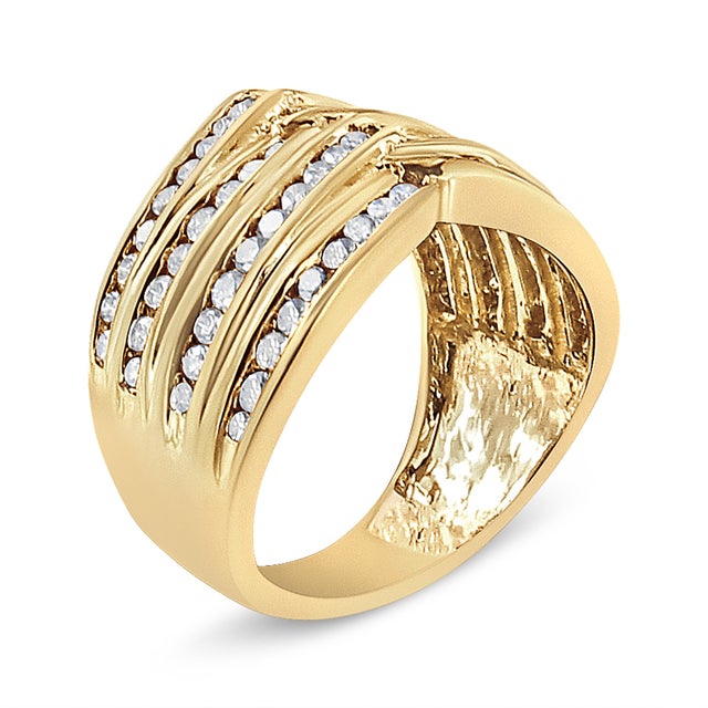 Contemporary 10K Yellow Gold Plated .925 Sterling Silver 1 1/2 Cttw Diamond Channel Band (Champagne Color, I2-I3 Clarity) Ring Size 6 For Sale - Image 3 of 6