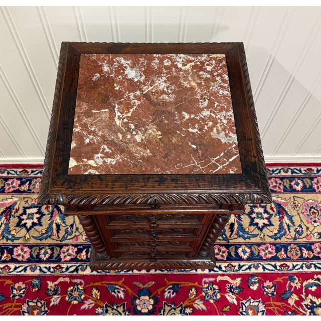 Wood Antique French Marble Top Chest Side or End Table Nightstand Barley Twist Oak For Sale - Image 7 of 18