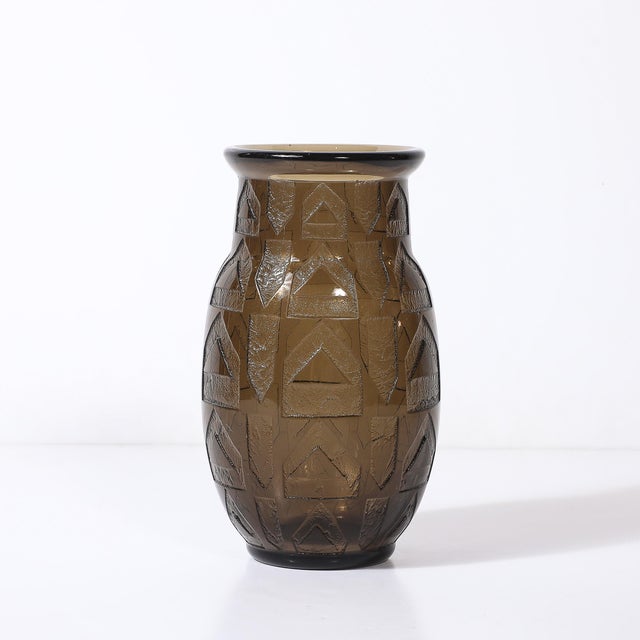 Glass Art Deco Signed Daum Acid-Etched Smoked Glass Vase W/ Geometric Motif For Sale - Image 7 of 10
