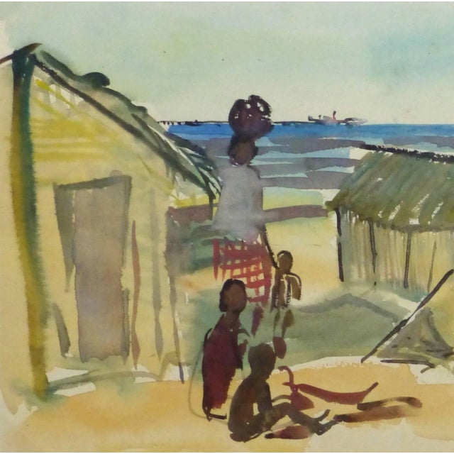 Delightful watercolor of a Madagascar African fishing village by Stéphane Magnard, resident artist to the former French...