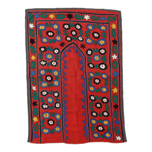 3x6.4 Ft Red Silk Embroidery Wall Hanging, Uzbek Wall Decor, Suzani Tablecloth