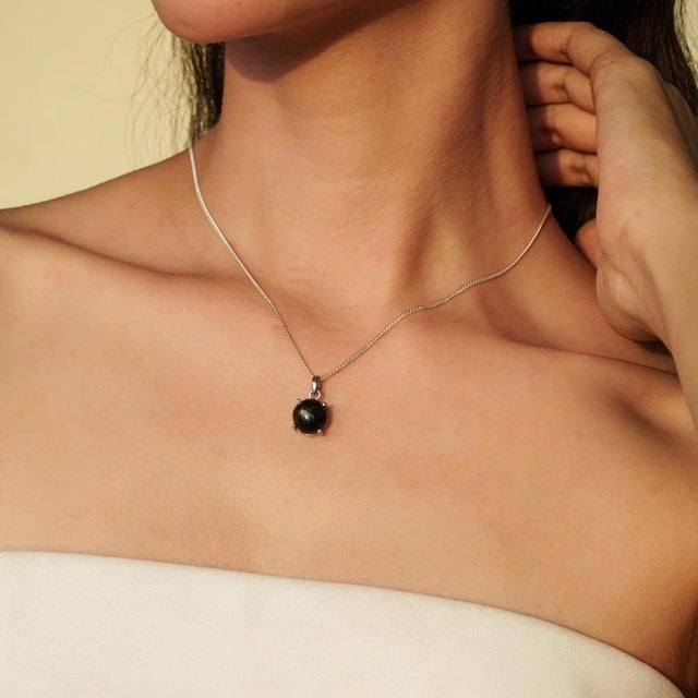 Gemstone Petite Solitaire Black Star Pendant in Sterling Silver For Sale - Image 7 of 12