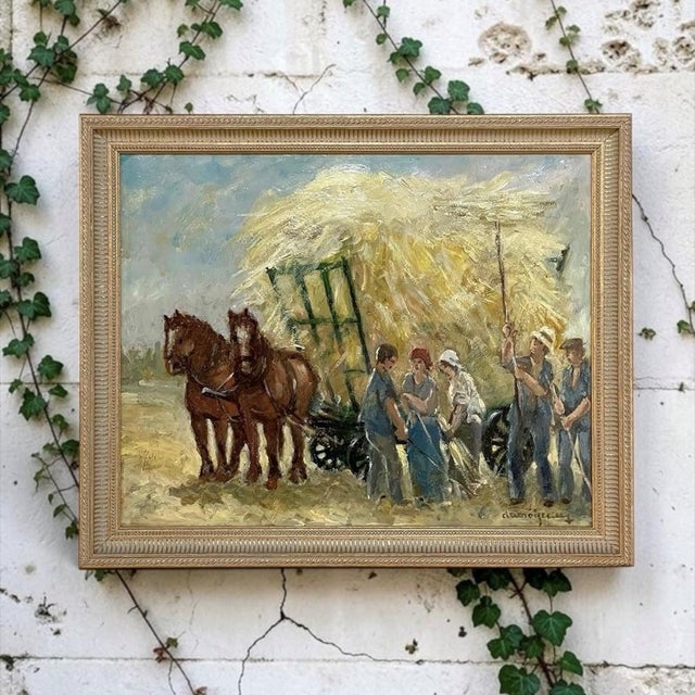 “The Hay Harvest” is an expressive oil painting on panel by Belgian painter Dieudonné Damoiseaux (1918–2000), a recognized...
