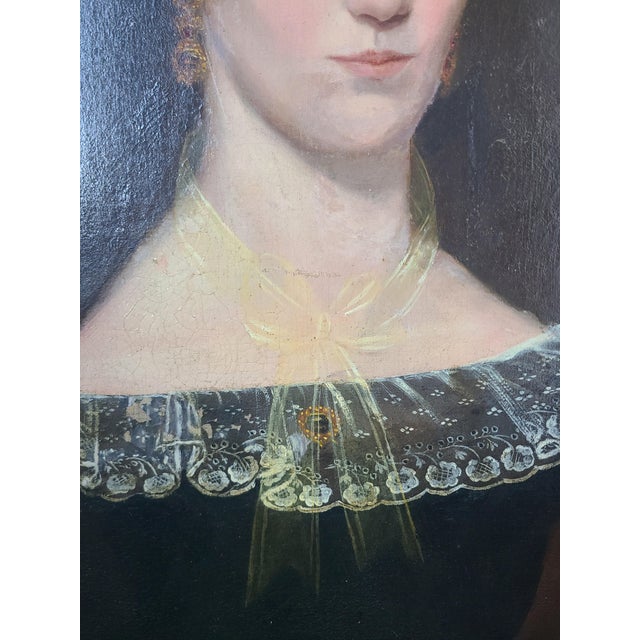 Antique 19th Century American Folk Art Oil Painting Portrait of a Woman in Black For Sale In Los Angeles - Image 6 of 17