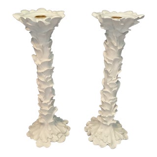 Tall White Leaf Candle Stick Holders - a Pair For Sale