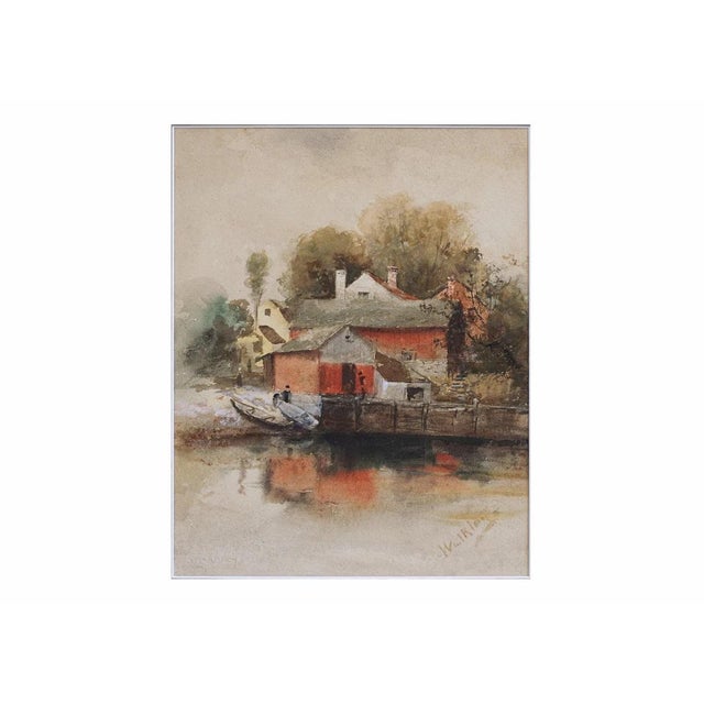Vintage watercolor of a bright red boat house, two beached boats and various figures by Connecticut artist David Birdsey...