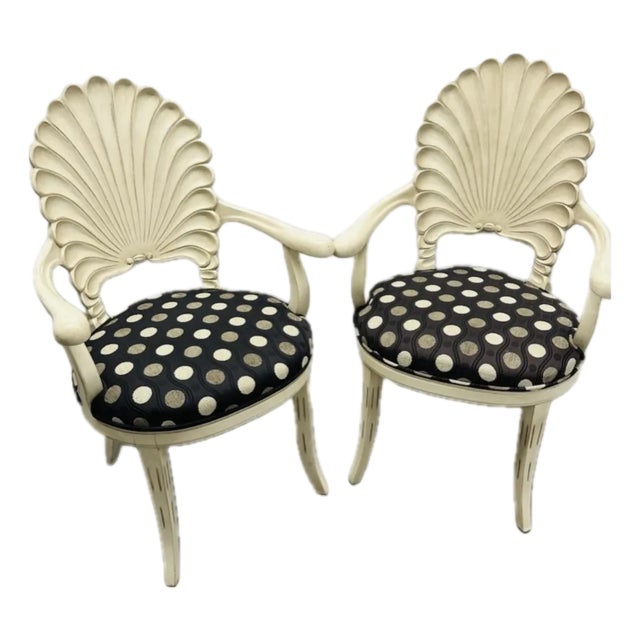 Mid 20th Century Italian Venetian Grotto Style Scalloped Shell Back Dining Arm Chairs - A Pair For Sale