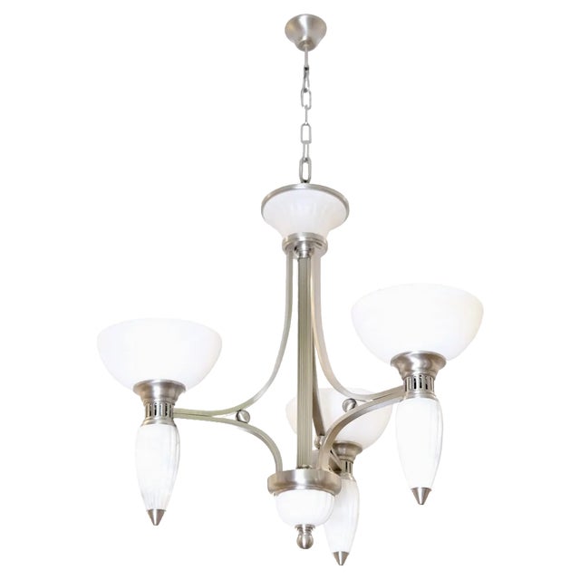 Art Deco 3-Arm Chandelier with Alabaster Bowls and Illuminated Cones, 1990s For Sale