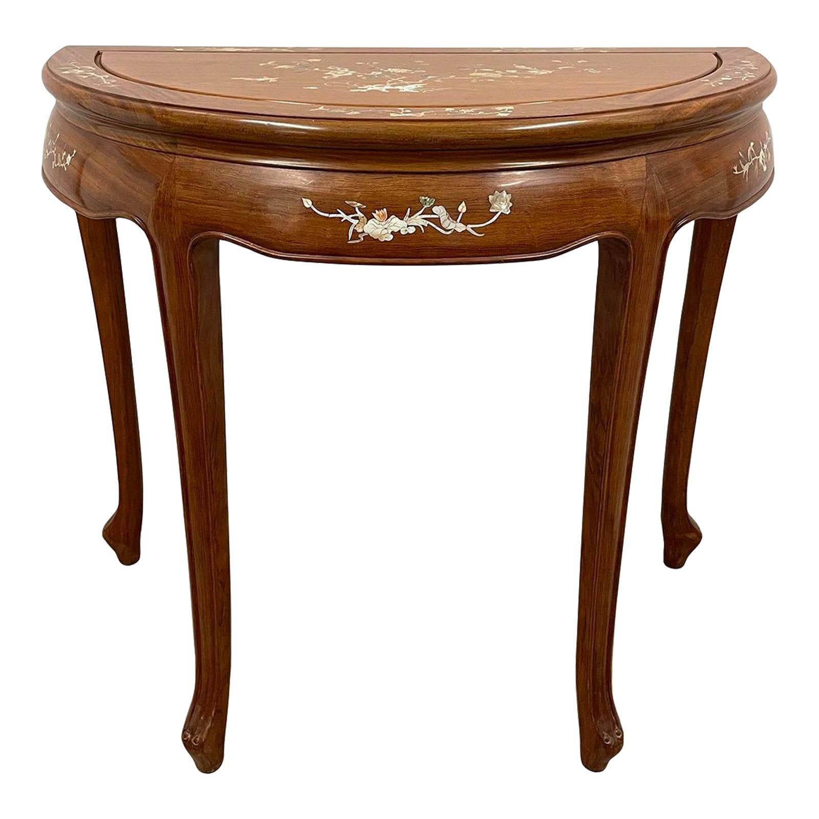 20th Century Chinese Carved Rosewood Half Moon Table With Mother of