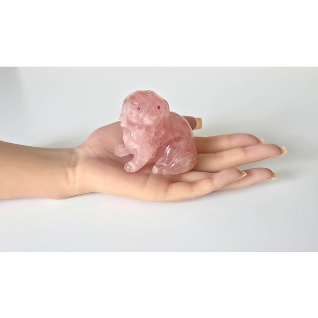 Chinese Rose Quartz Dog Carving With Ruby Eyes, Mid-20th Century For Sale In Cleveland - Image 6 of 8