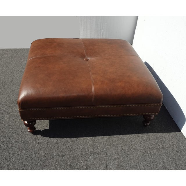 2020s Vintage Tommy Bahama Style Brown Tufted Leather Ottoman Coffee Table For Sale - Image 5 of 10
