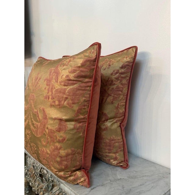 Custom Mariano Fortuny Pillows in Antique Gold & Coral Damask For Sale - Image 9 of 16