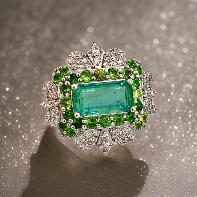 Natural Emerald Tsavorite Diamond Ring 6.75 14k White Gold 9.22 TCW Certified For Sale - Image 9 of 17