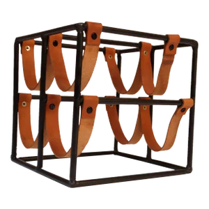 Vintage Arthur Umanoff Iron and Leather Four-Bottle Wine Rack