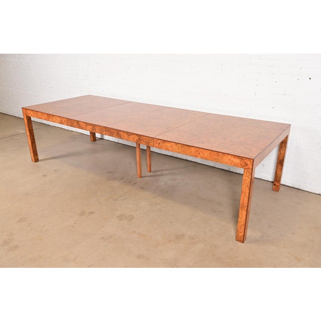 Milo Baughman Style Burl Wood Parsons Extension Dining Table, Newly Refinished For Sale - Image 15 of 15