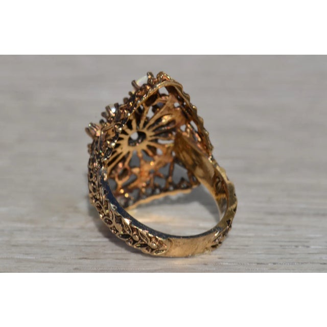 Gold Ladies Brutalist Opal and Pearl Navette Shaped Ring in 14K Gold For Sale - Image 8 of 11