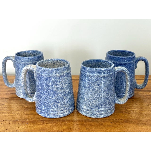 Blue 1970s Blue Spongeware Pottery Coffee Mugs - Set of 4 For Sale - Image 8 of 8