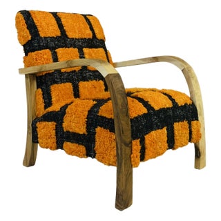Handmade Moroccan Orange and Black Wool Chair With Natural Wood Frame For Sale