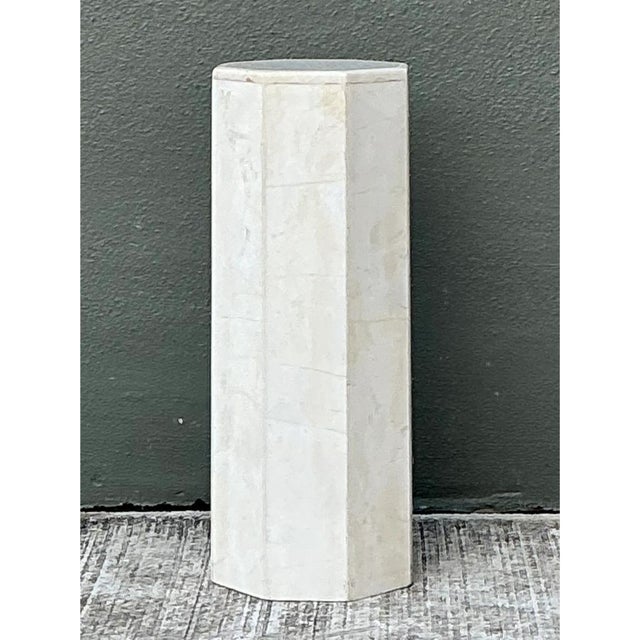 Stone Vintage Medium White Marble Hexagonal Pedestal For Sale - Image 7 of 12