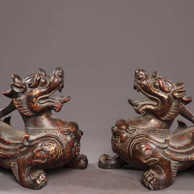 Metal Pair of Antique Gilt Bronze Pixiu Statues, Mythical Beast Figures, 5.98kg For Sale - Image 7 of 9