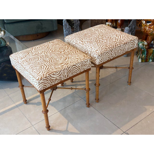 Textile Pair Vintage Faux Bamboo Wood Benches Ottomans Newly Upholstered Quadrille For Sale - Image 7 of 12