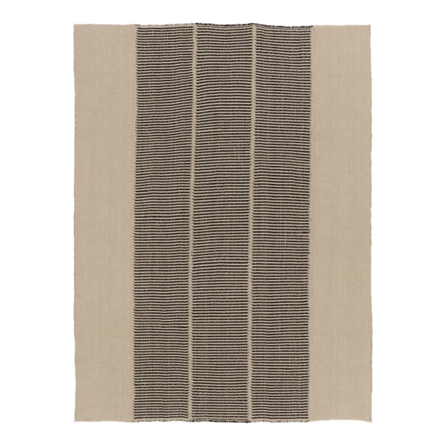 Rug & Kilim’s Contemporary Kilim, Cream White with Black Textural Stripes For Sale