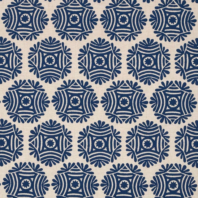 SAMPLE - Schumacher X Drusus Tabor Gilded Star Block Print Fabric In Navy On Natural For Sale