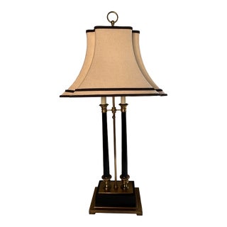 Late 20th Century French Regency Brass and Ebonized Wood Bouillotte Style Lamp With Shade For Sale