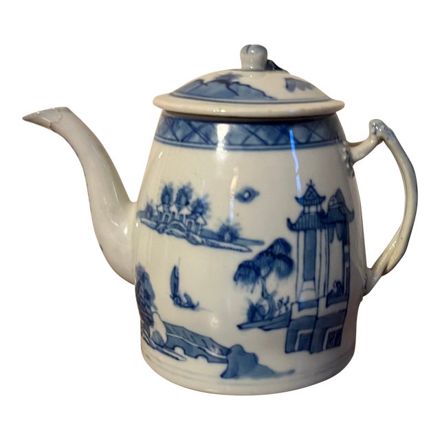 Antique 19th Century Chinese Export Blue & White Canton Porcelain Tea Pot For Sale