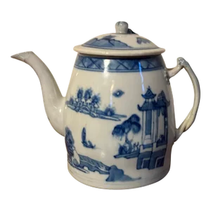 Antique 19th Century Chinese Export Blue & White Canton Porcelain Tea Pot