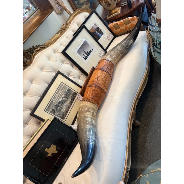 Rustic Monumental Texas Longhorn Horns With Tooled Leather Mount For Sale - Image 3 of 3