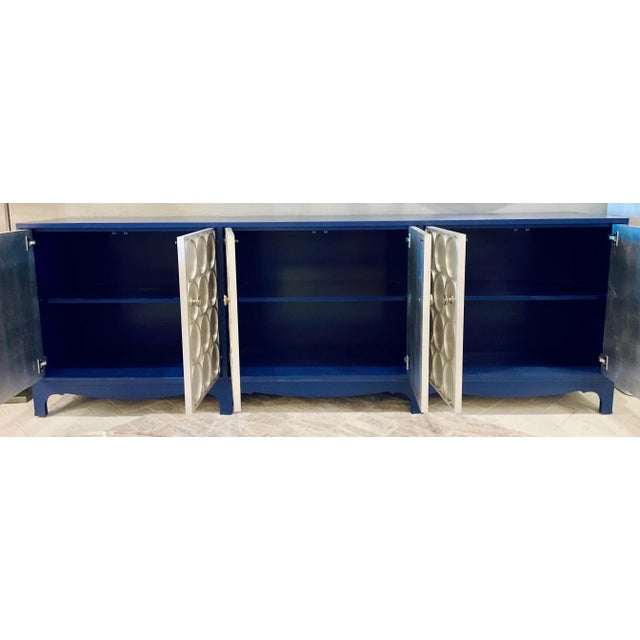 Stylish Century Furniture Large Silver Leaf Finished Geometric Sideboard, painted blue wood case, six drawers, three...