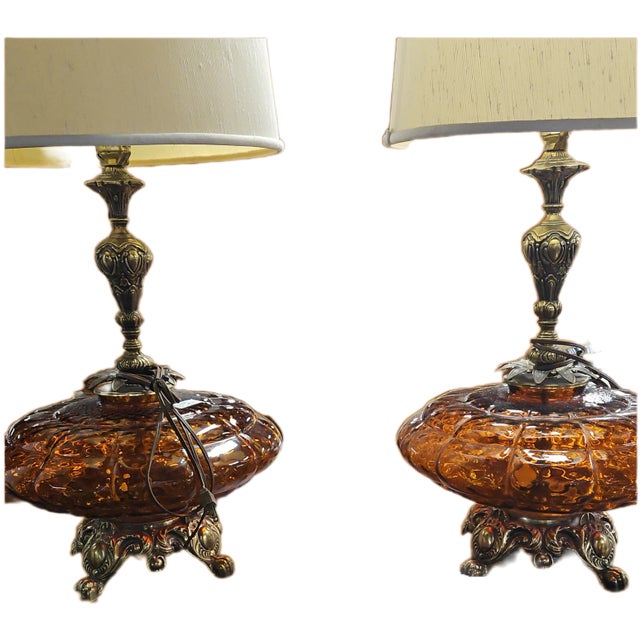 Hollywood Regency Amber Glass Lamp by EF&EF Industries, circa 1970 This vintage gem is a testament to rare and unique...