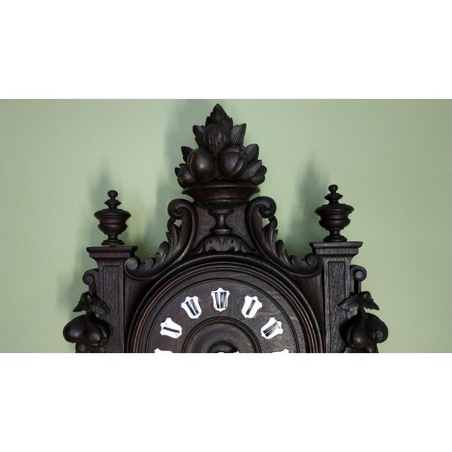 1840-1860 Grand French Carved Wooden Clock Cartel and Enameled Cartridges For Sale - Image 9 of 10