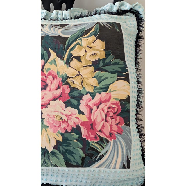 Pair of Jumbo Handmade Vintage Black Background Barkcloth Pillow Shams For Sale - Image 4 of 12