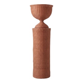 Vintage Mid-Century Woven Wicker Pedestal Urn Planter | Boho Chic Rattan Floor Stand For Sale