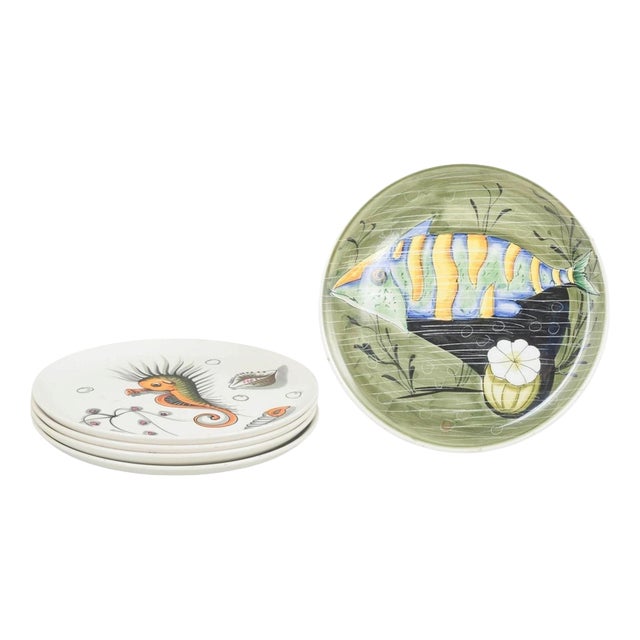 Hand-Decorated Faience Plates with Colourful Motifs, Mancioli, 1960s, Set of 5 For Sale