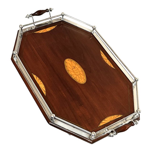 Antique English Silver and Mahogany Gallery Tray For Sale
