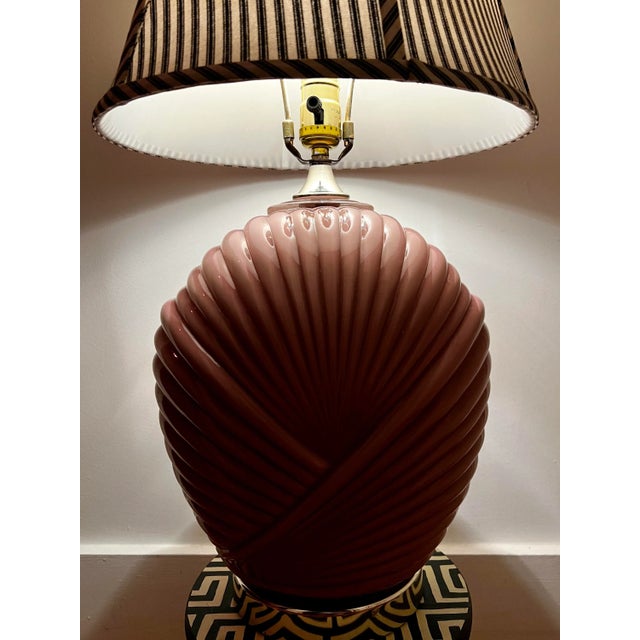 1980s Pink Shell Lamp With Blue French Linen Lampshade | Chairish