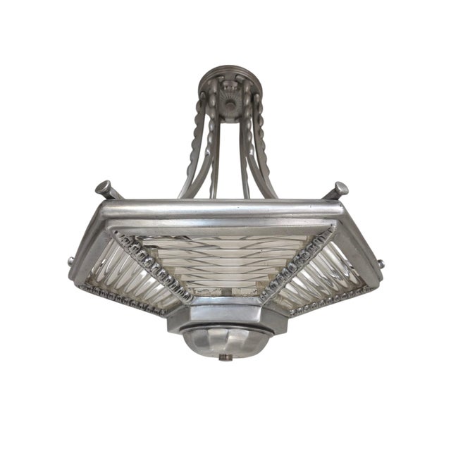 Small Art Deco Six Sided Glass and Aluminum Chandelier For Sale - Image 9 of 17