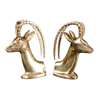 Vintage Bookends Mid-Century Modern Brass Ibex Gazelle / Elk / Solid Brass - a Pair For Sale