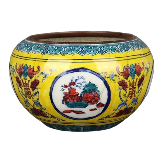 Chinese Vintage Ceramic Pot,Old Porcelain Factory Yellow Ground Famille Verter Porcelain Brush Washer Hand Painted Flowers Pattern For Sale