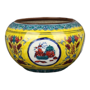 Chinese Vintage Ceramic Pot,Old Porcelain Factory Yellow Ground Famille Verter Porcelain Brush Washer Hand Painted Flowers Pattern