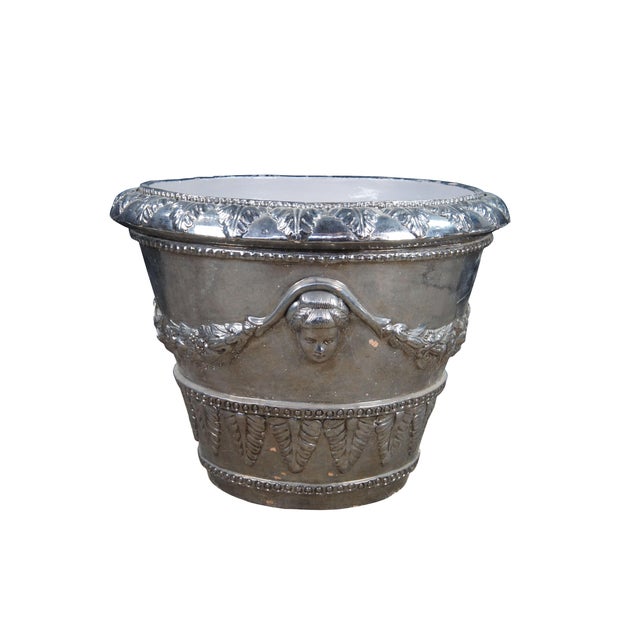 Late 20th Century Italian Neoclassical Figural Acanthus Silver Terracotta Garden Planter 26" For Sale - Image 4 of 13
