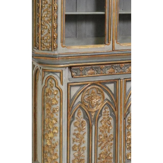 Wood Monumental 19th Century Gothic Revival Carved Painted Gilded Wood Glass Door Two-Piece Hutch Buffet China Cabinet For Sale - Image 7 of 9