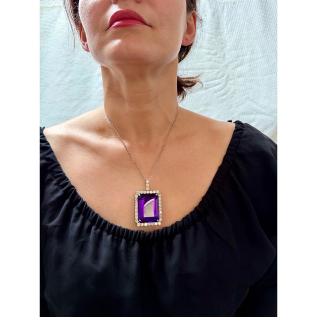 Blue 152 Ct Emerald Cut Amethyst & 10 Ct Diamond Pendant Necklace 14kw Gold + Chain For Sale - Image 8 of 8